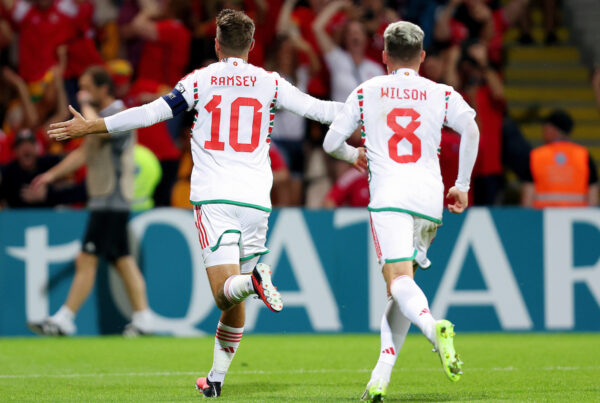 Aaron Ramsey celebrates putting Wales one nil up against Latvia